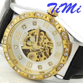 Women Golden & White Automatic Watch Diamond Skeleton 