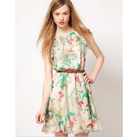 Free Shipping 2012  leaf collar simple and elegant flower print chiffon skirt Dress With Belt Size:XS-XXL