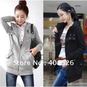 2012 Korea Zip Up Long Top Női kapucnis dzseki sok gomb pulóver felsőruházat Polár fekete, szürke 3274