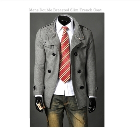 Free Shipping 2011 New Style Double PEA Wool Half Trench Coat Gray(90)