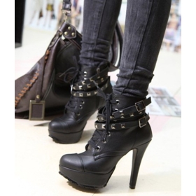 Freeship Punk High heels Ankle Boots Martin boots Studded Platform Lace-up Shoes Black Fashion boots 