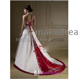 Kostenloser Versand * White Red langen Schwanz Abschlussball -Kleid-Partei -Kleid- Abend-Cocktail- Kleid W113