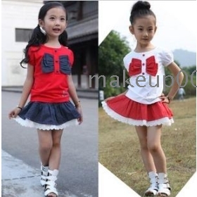 Children's short sleeve suit 12 girls bowknot short-sleeved summer wear t-shirts + short skirt suit children's clothes