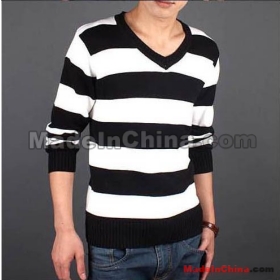 Men's clothing han2 ban3 stripe men sweater coat male woolen sweater male V neck knit line unlined upper garment