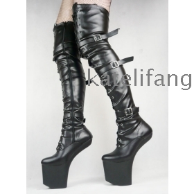 Wholesale Halloween costume Fetish boots without Heel Thigh Hight boots,Black matte PU leather,dress like Miss 