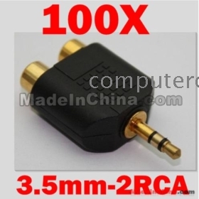 100 Pcs/ Lot 3.5mm Audio Jack Out Plug to 2 RCA Splitter Adapter  Gold RCA adapter  RCA connector