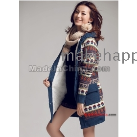 2011 new winter han edition female jacquard loose grow even cap and thick hair cardigan sweater