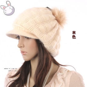 Free shipping fashion warm winter rabbit fur beanie knitted hat cap with fox fur ball  top grade for women 10pcs/lot--628-2