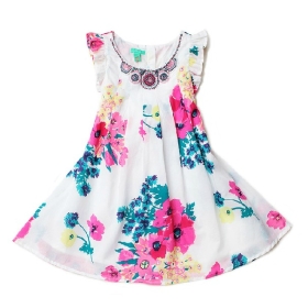 monsoon Children girls dresses beaded white printed flowers short-sleeved dress