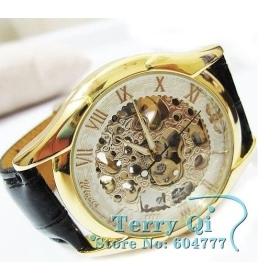 2012 Hot Selling Free ship Mechanical Women's Mens Gold Tone Skeleton Men's /Ladies Watch 70S 80S