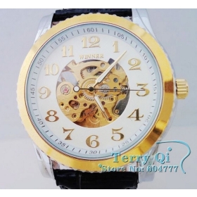 2012 Hot! Mens Automatic watch Golden Skeleton Black Band Mechanical watch Gift Free Ship