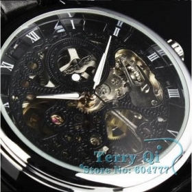  New Men's Black Stainless Steel Manual Skeleton Wrist Mechanical Watch Free Ship Gift 2012