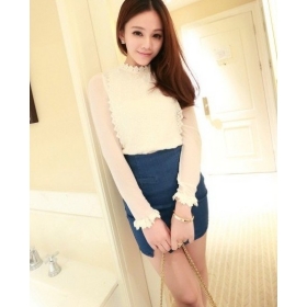 2012 Free shipping hot sale Gauze splicing Sexy fashion  long sleeve T-shirt black white s583