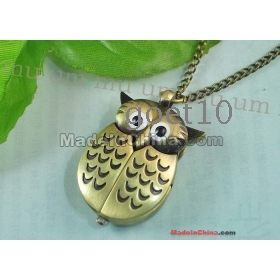 Free shipping,hot sale,wholesale,10pcs/lot New bronze necklace Chain Pendant quartz mini owl Pocket Watch for xmas gift WP175