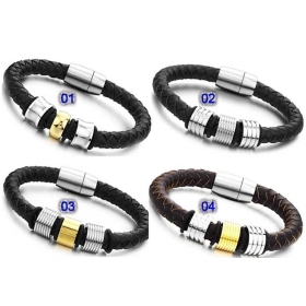 Vrai bracelet de poignet en cuir de bracelets de charme hommes avec fermoir magnétique 7.8 " 8mm or en cuir noir plaqué nouveau