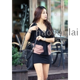 Summer hit summer dress temperament color han edition V dew shoulder bats sleeve dress pack hip loose dress