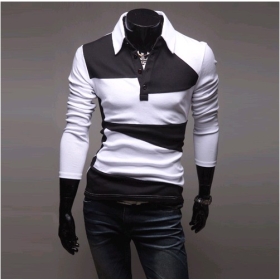 Mens T -shirt Polo Camicia a maniche lunghe casuali sottili bianco e nero cuciture in cotone ML XL , nuovo arrivo CR14