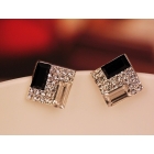 100pcs/lot + Free Shipping Fashion Jewelry, OL spirit black and white super flash diamond square alloy earrings 