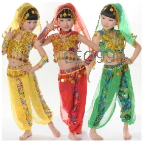 Crianças trajes indianos dança, meninas roupas de dança, dança folclórica , Tianzhu menina dança do ventre desempenho roupas 5set/lot + Frete Grátis