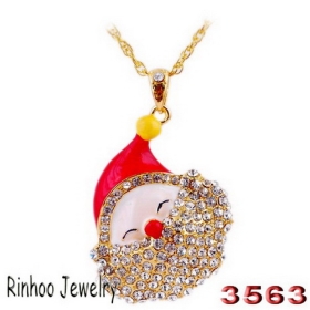 Red inlay rhinestone christmas jewelry necklaces smiling face Santa Claus head,gold plating.pendant size:55*47mm,chain length:700mm, packaging:opp bag.3563