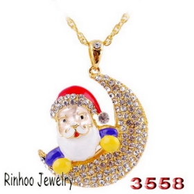 Santa Claus falcate style inlay rhinestone charm alloy necklaces,gold plating.pendant size:46*50mm,chain length:700mm, packaging:opp bag.3558