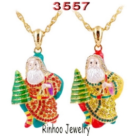 Hand Christmas tree Bells inlay rhinestone Santa Claus alloy pendants necklaces,gold plating.pendant size:46*34mm,chain length:700mm, packaging:opp bag.3557