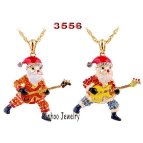 Hand guitar Santa Claus inlay rhinestone alloy pendants necklaces,gold plating.pendant size:57*57mm,chain length:700mm,packaging:opp bag.3556