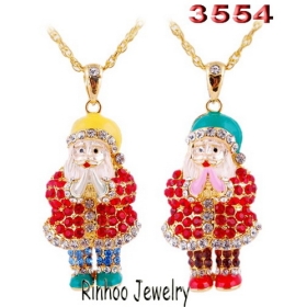 Fashion Stereoscopic inlay rhinestone Father Christmas alloy pendants necklaces,gold plating.pendant size:55*32mm,chain length:700mm,packaging:opp bag.3554