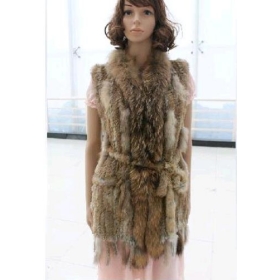 Fashion Knitted Rabbit Fur Long Vest with Raccoon Trimming and Decoration Rabbit Gilet (PC-01) 