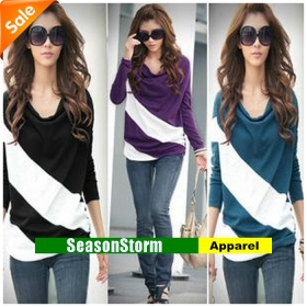 [CPA gratis forsendelse ] Wholesale Womens Fashion Casual Double Color Stripe langærmet Loose T-shirt 4 Color 6pcs/lot ( SU -37)