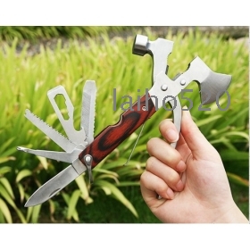 Stainless Steel Outdoor Multi-function Tool Hammer + hatchet / wooden handle (Silver)