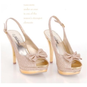 New fine with high with golden waterproof Taiwan bowknot fish mouth crystal sandals  31-32 small yards