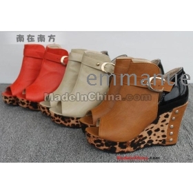   free shippingEurope and America fashion sexy leopard grain rivets strap fish mouth wedges wedges sandals size 35 36 37 38 39   