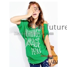 free shipping new women's Bats sleeve big yards naked women's dew shoulder shoulder loose T-shirt short sleeve skirt  