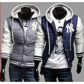 Free Shipping Yankees NY men's autumn hooded baseball jacket winter cotton padding thicker coat vest asia Sz M L XL XXL