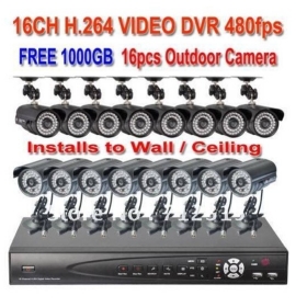 16 -CH 480fps Net DVR SYSTEM 16pcs COLOR CCD kamera Vandtæt CCTV 36LED kamera med 1000GB HDD