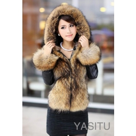 2012 KomooVogue Women's Genuine Fur Hooded Collar Coat with Genuine Sheepskin Leather Jacket 