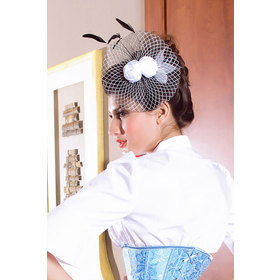 Luxury Gauze Feather Rose Mini Bowler Hat Hairpin-WHITE