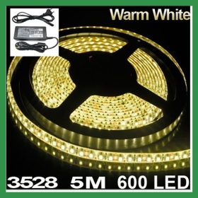 Free Shipping !5m 12v warm white smd 3528 600 leds flexible led strip light led ribbon for christmas decoration waterproof+ +12V 5A adapter
