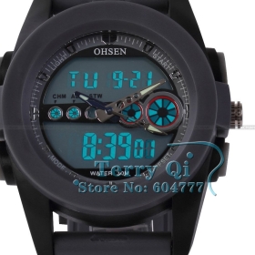 Új érkezők! OHSEN LCD Gray Dial Dual Time Date Digital Watch Mens fekete gumi Sport Kvarc karóra Dive órák Xmas Gift