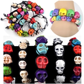 Wholesale-New Braid Skull Beads Gemstone Handmade Hemp Cord Bracelet Cuff Gift Mix colors#E62
