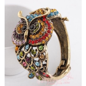 Wholesale- Style Bronze Colorful Rhinestone Double Owl Split Bracelet Bangle 132