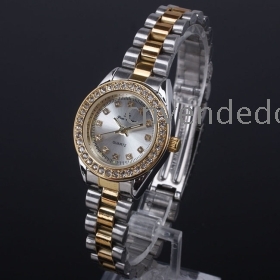 Classic Silver Face Crystal Surround Watch Women JP Quartz 2-tone Stainless Steel Strap N7204