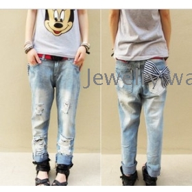 Women's fashion bowknot light color baggy pants hanging files small hole jeans           