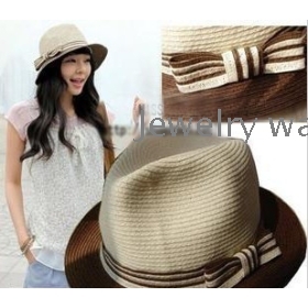 Lady leisure the sun hat beach cap bowknot double color paper grass sunbonnet hat