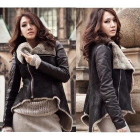 Free Shipping 2012 Winter New women's motorcycle leather jacket, irregular hem  FUR ONE warm coat women leather coat