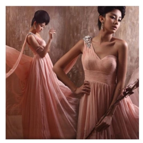 Free shipping Sexy single shoulder inclined shoulder naked color marriage gauze bride wipes bosom paragraph 6192 evening gown