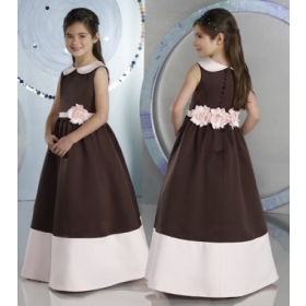 Fashion 2012 cheapwhite&brown  satin cute Middy collar HandmadeFlower ruffles sleevless Flower waist length Flower Girl Dresses