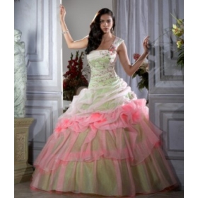 una spalla Fashion 2012 rosa e verde fresco Organza di Applique Bolla volant senza maniche in rilievo abito di sfera Wedding Bridal Gown Dress US Size 2 4 6 8 10 12 14 16 18 20 o personalizzati