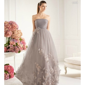 Fashion 2012 light grey Applique Organza ruffles Strapless Sleeveless Wedding Dresses Bridesmaid Evening Prom Party  Dress A Line Gown szie 4 6 8 10 12 14 16 18 20 Or Custom